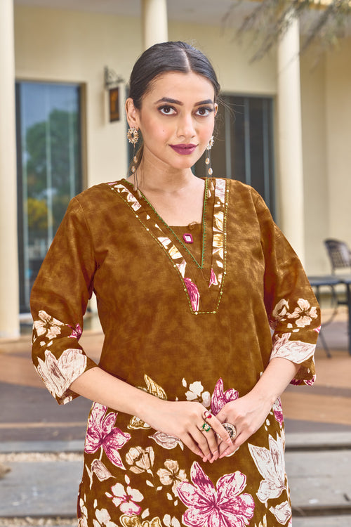 Trendy Brown Pure Cotton Floral Co-ords Set