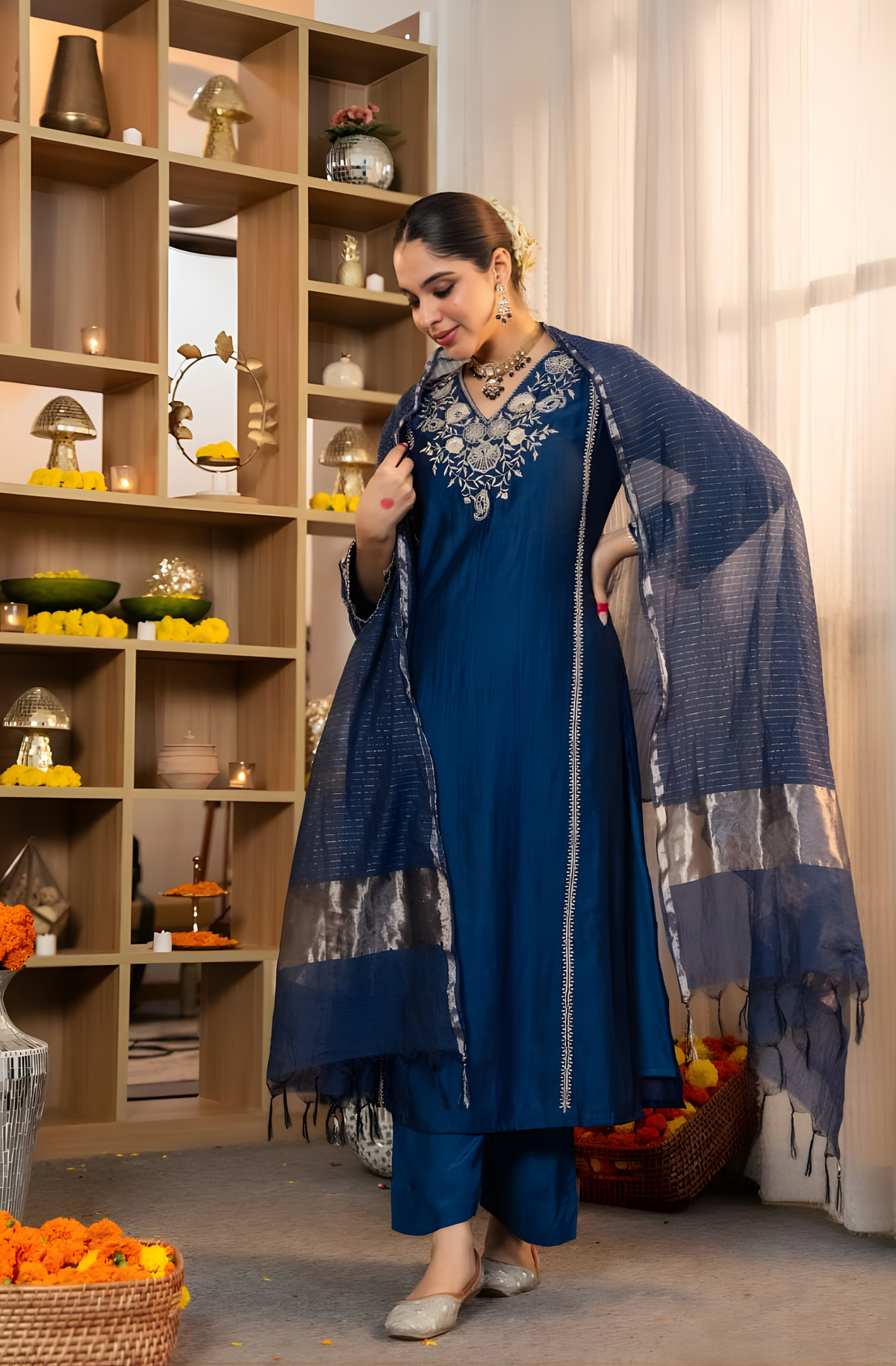 Navy Blue Embroidered Kurti Pant Dupatta Set