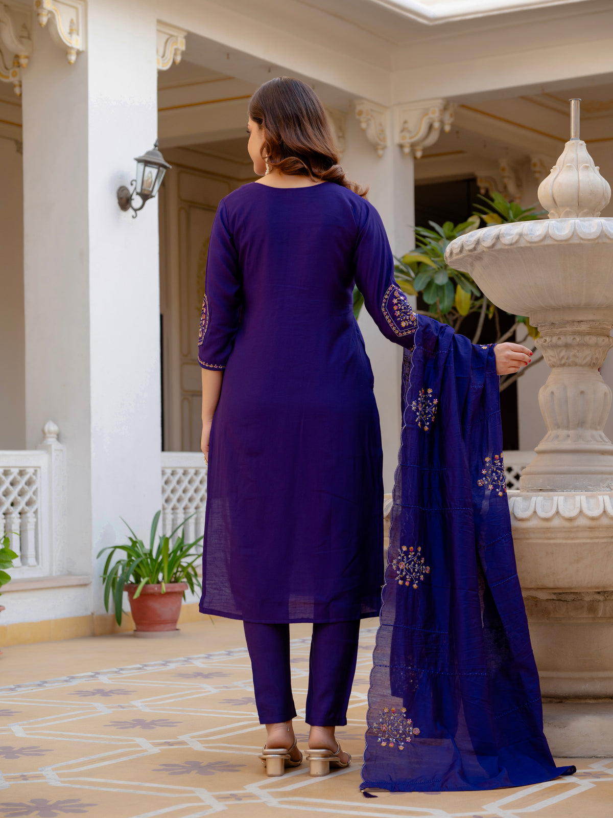 Violet Viscose Mango Silk Embroidered Kurti Set