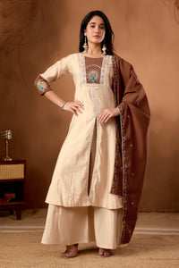 Elegant Cream Roman Silk Kurti Set