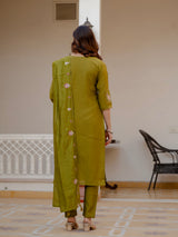Mehndi Green Viscose Mango Silk Embroidered Kurti Set