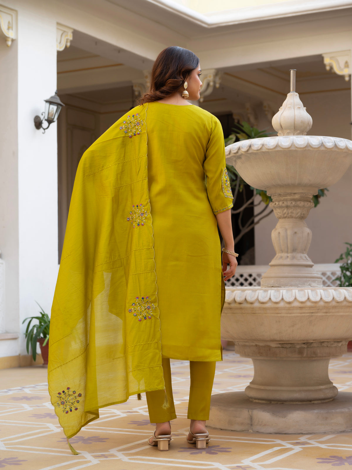 Yellow Viscose Mango Silk Embroidered Kurti Set