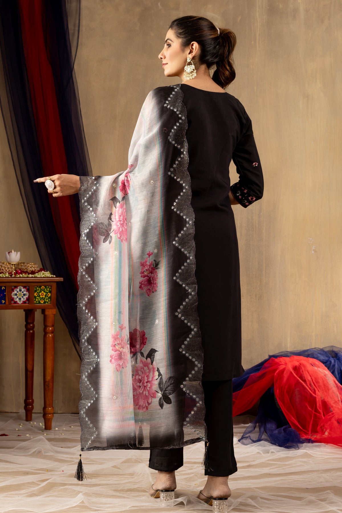 Black Roman Silk Multi Embroidered Suit Set