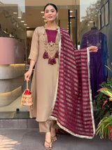 Elegant Beige Wine Designer Kurta Pant Dupatta Set for Women