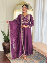 Wine Embroidered Anarkali Suit Set