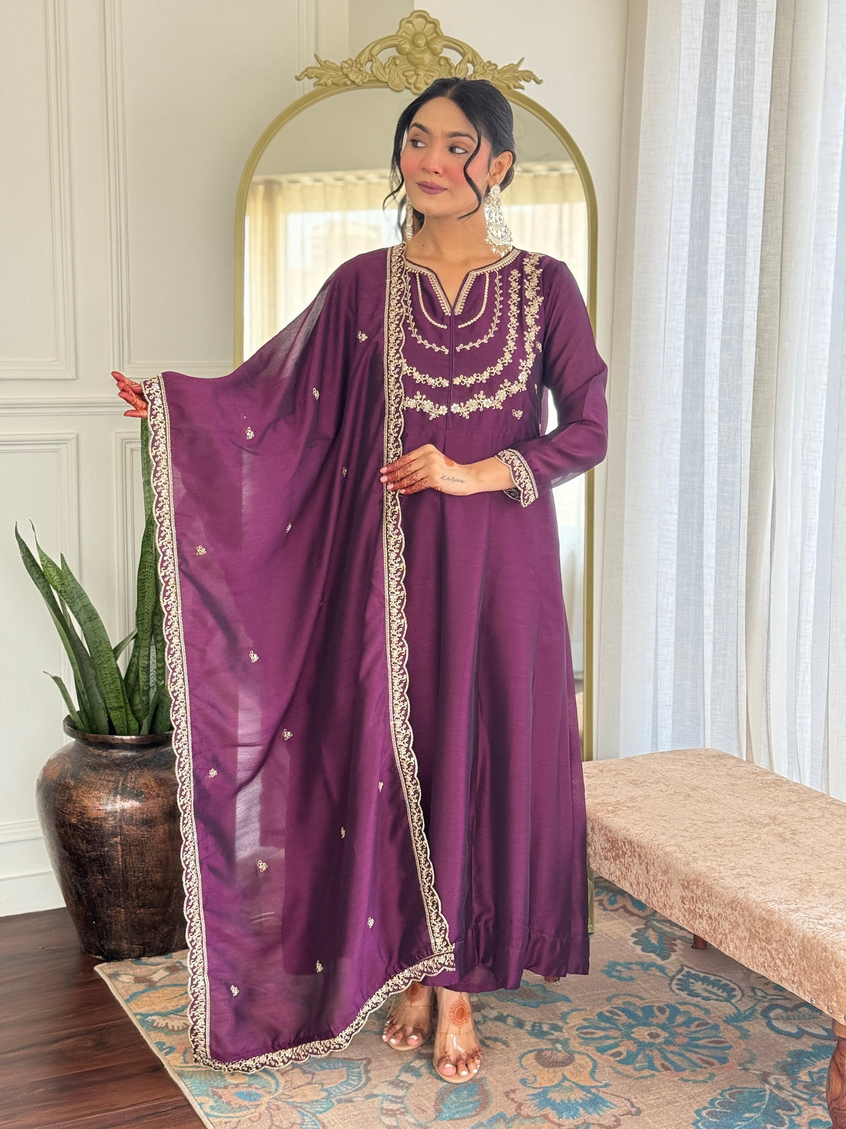 Wine Embroidered Anarkali Suit Set