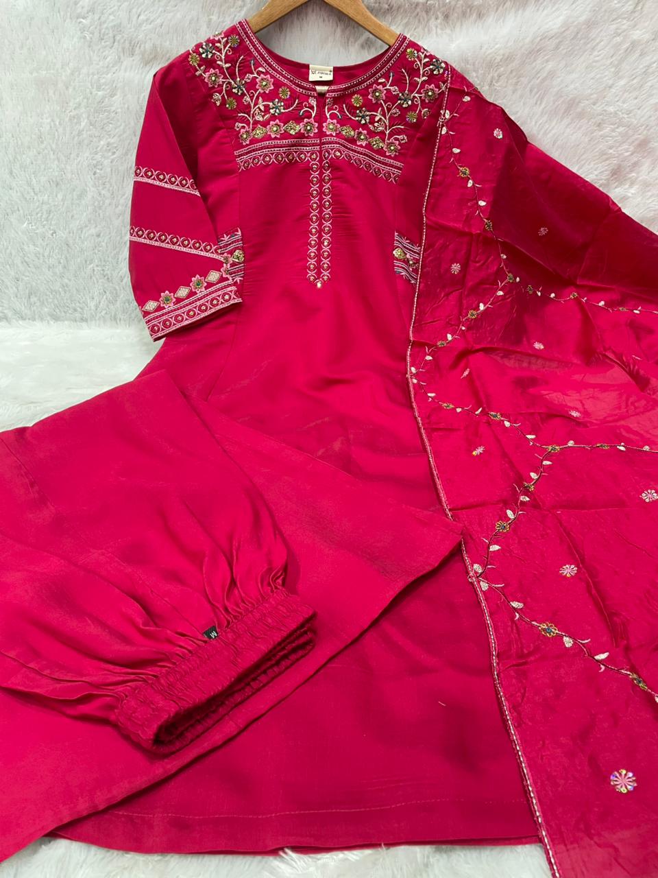 Rani Pink Viscose Mango Silk Anarkali Kurti Set