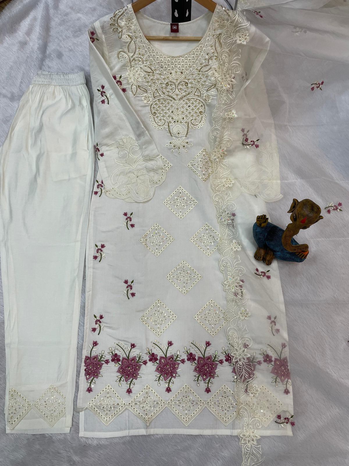 White Heavy Viscose Roman Silk Embroidered Kurti Pant Dupatta Set