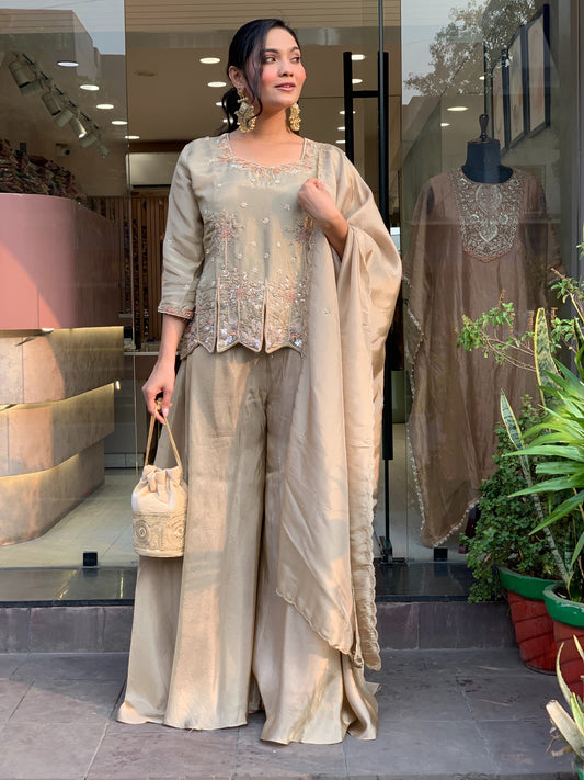 Champagne Embroidered Silk Palazzo Suit Set