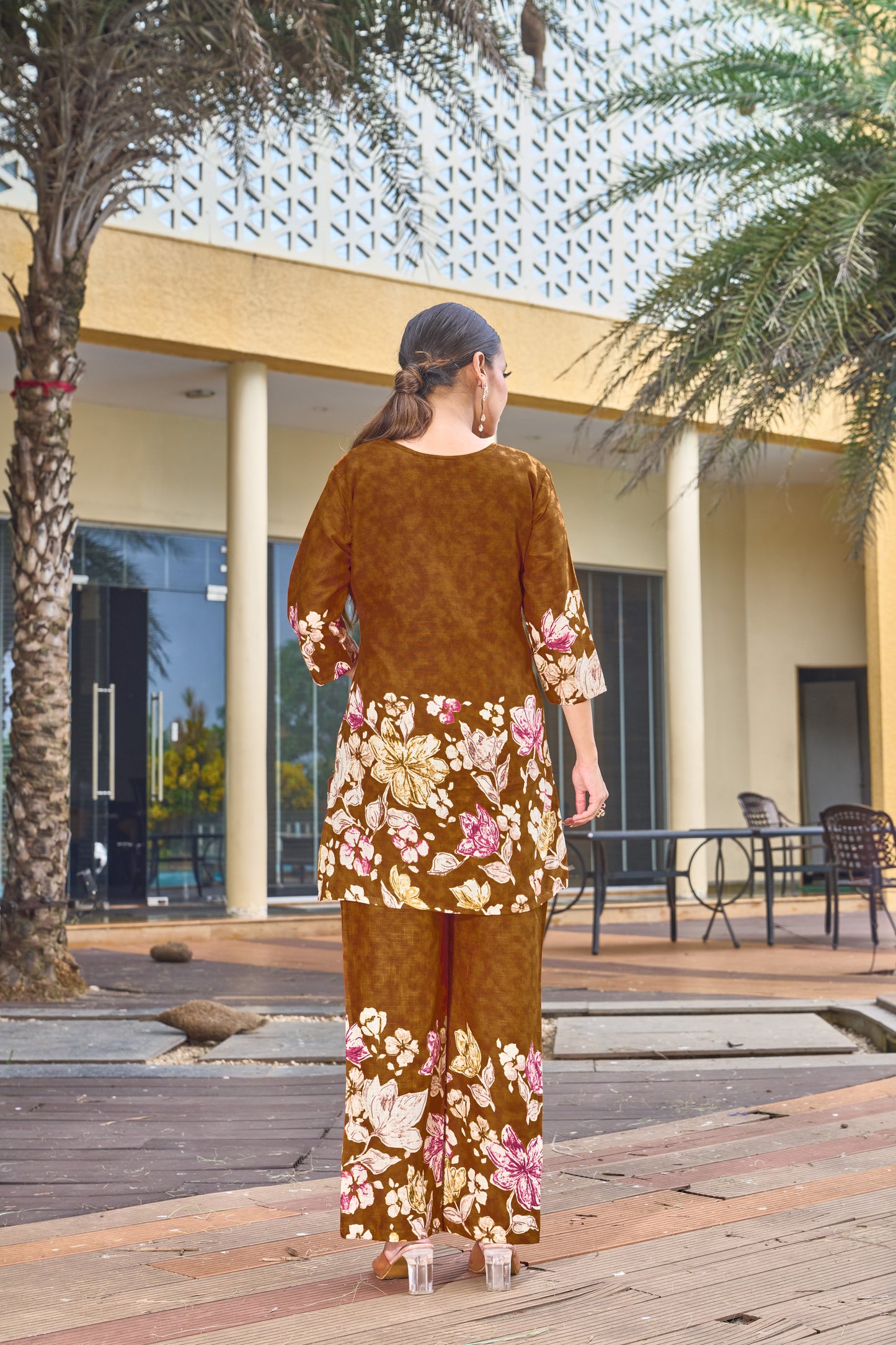 Trendy Brown Pure Cotton Floral Co-ords Set