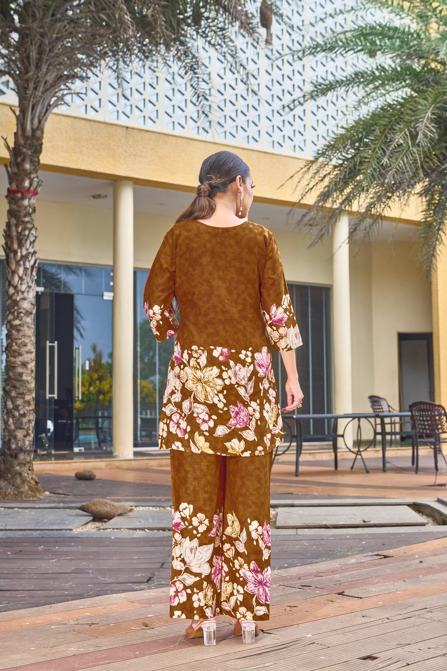 Trendy Brown Pure Cotton Floral Co-ords Set
