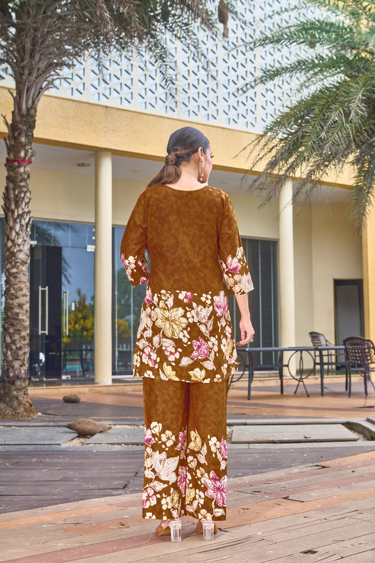 Trendy Brown Pure Cotton Floral Co-ords Set