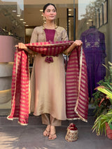 Elegant Beige Wine Designer Kurta Pant Dupatta Set for Women