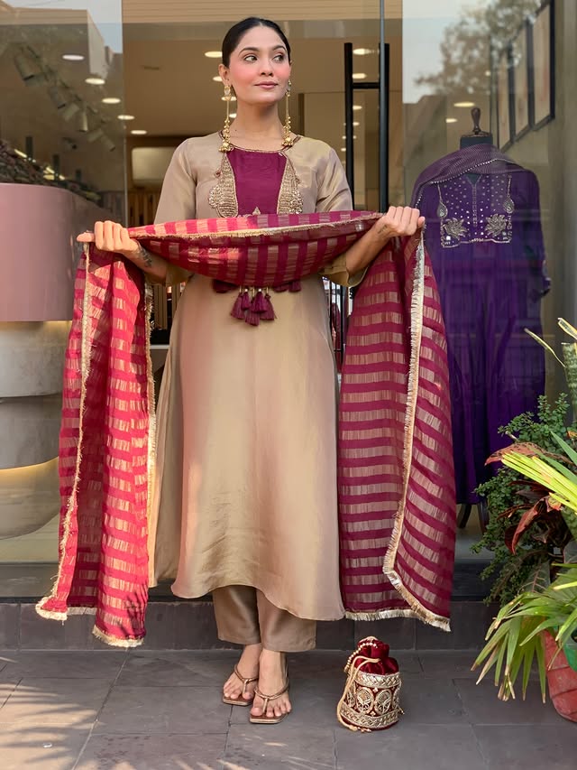 Elegant Beige Wine Designer Kurta Pant Dupatta Set for Women