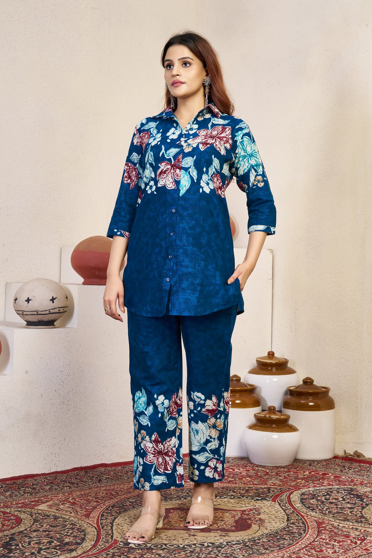 Teal Blue Pure Cotton Printed Co-Ord Set