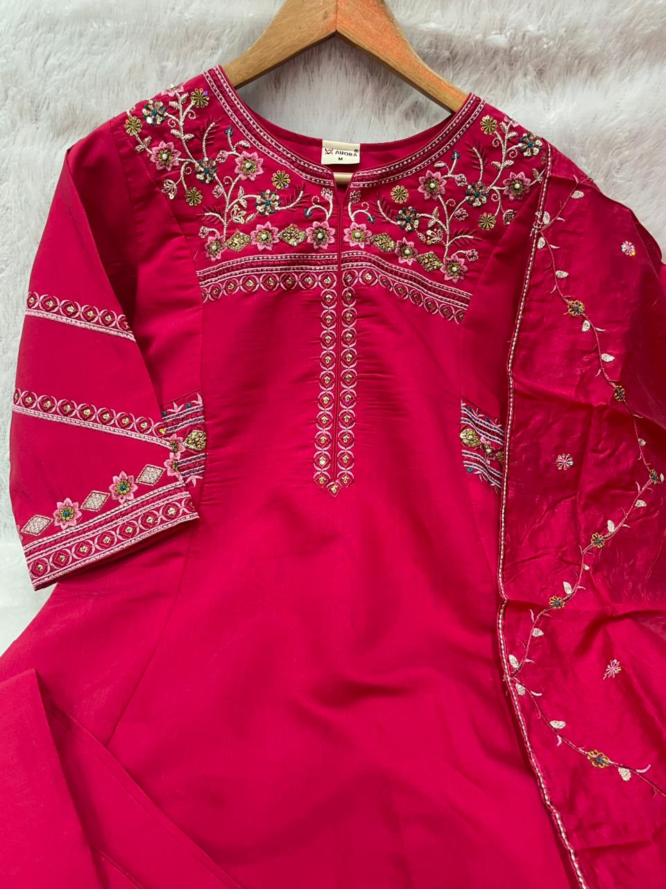 Rani Pink Viscose Mango Silk Anarkali Kurti Set