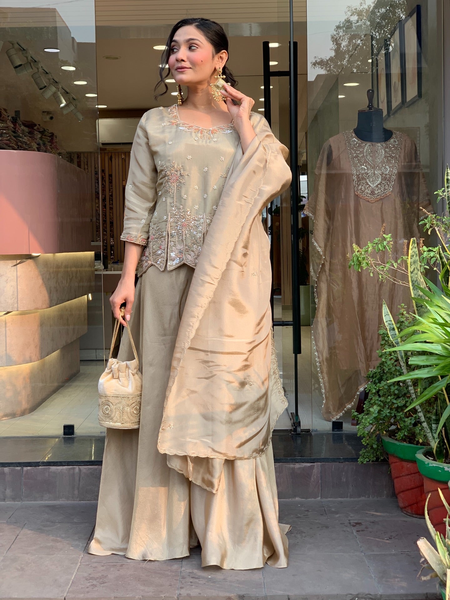 Champagne Embroidered Silk Palazzo Suit Set