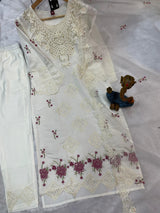 White Heavy Viscose Roman Silk Embroidered Kurti Pant Dupatta Set
