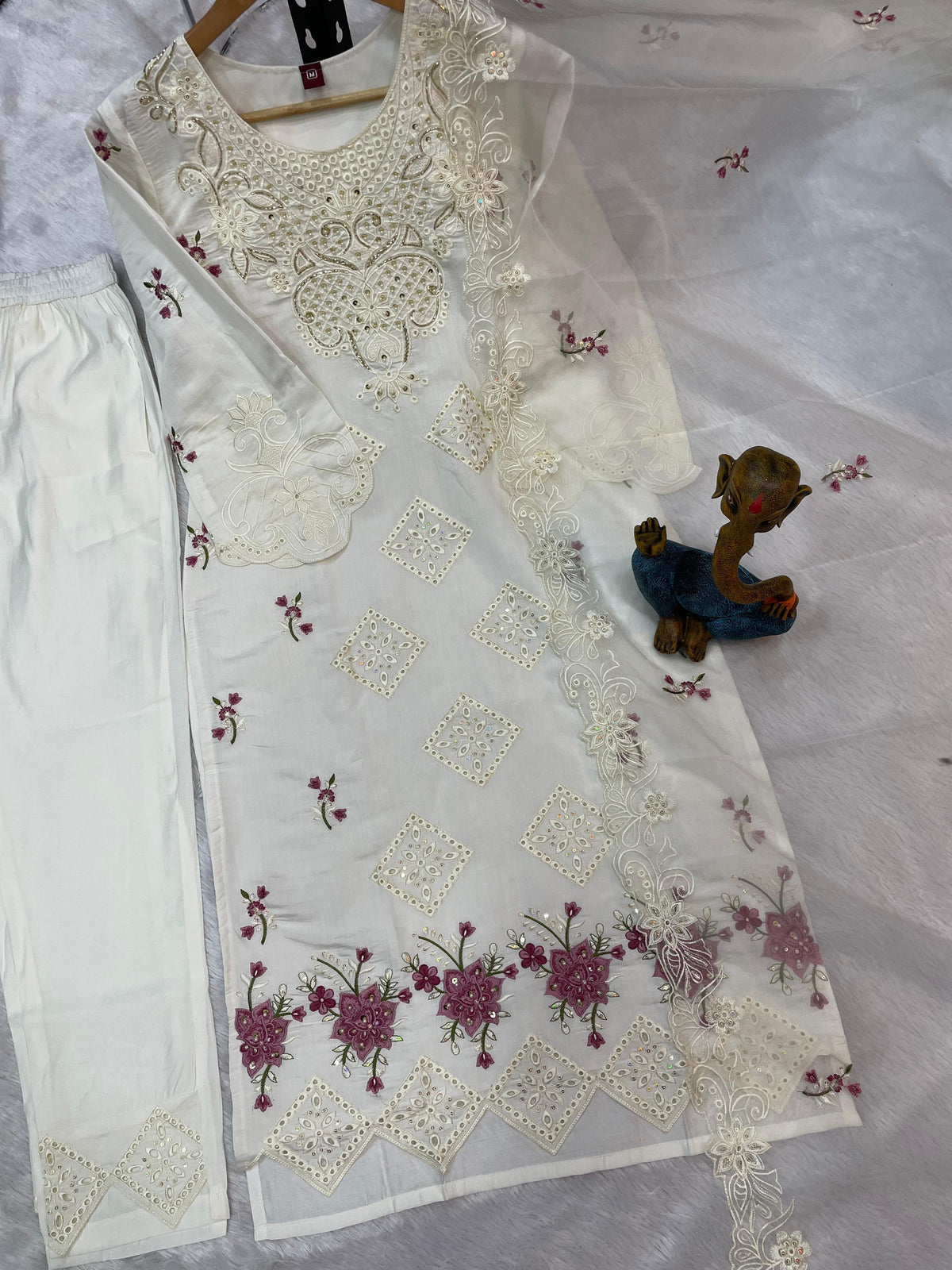 White Heavy Viscose Roman Silk Embroidered Kurti Pant Dupatta Set