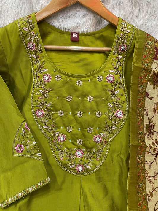 Elegant Olive Green Premium Marina Silk Embroidered Kurti Pant Dupatta Set