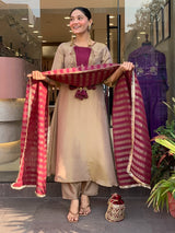 Elegant Beige Wine Designer Kurta Pant Dupatta Set for Women