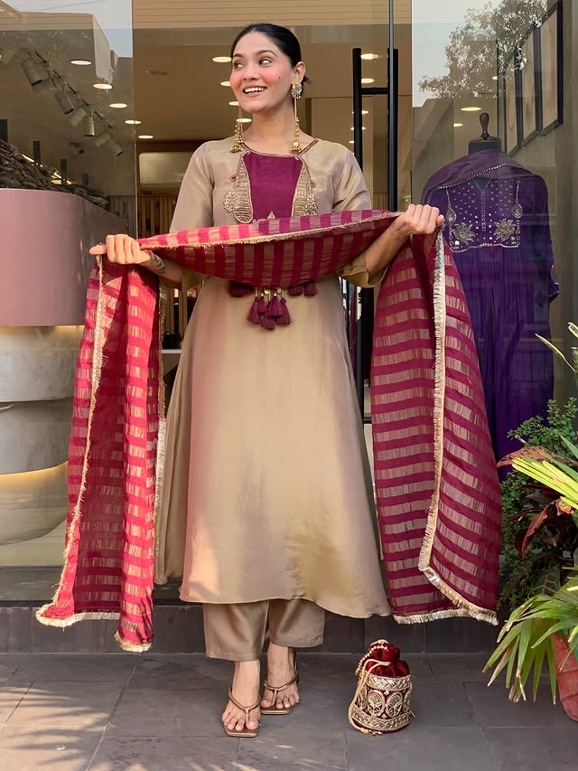 Elegant Beige Wine Designer Kurta Pant Dupatta Set for Women