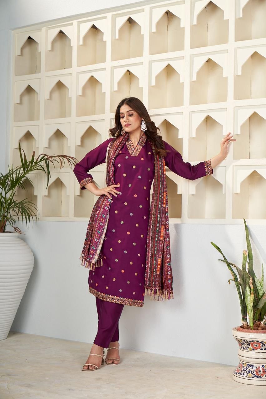 Purple Embroidered Viscose Chanderi Suit Set