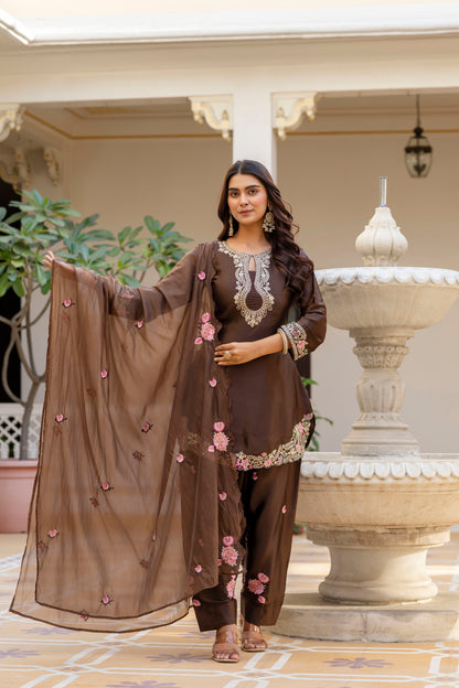 Coffee Embroidered Designer Suit Set