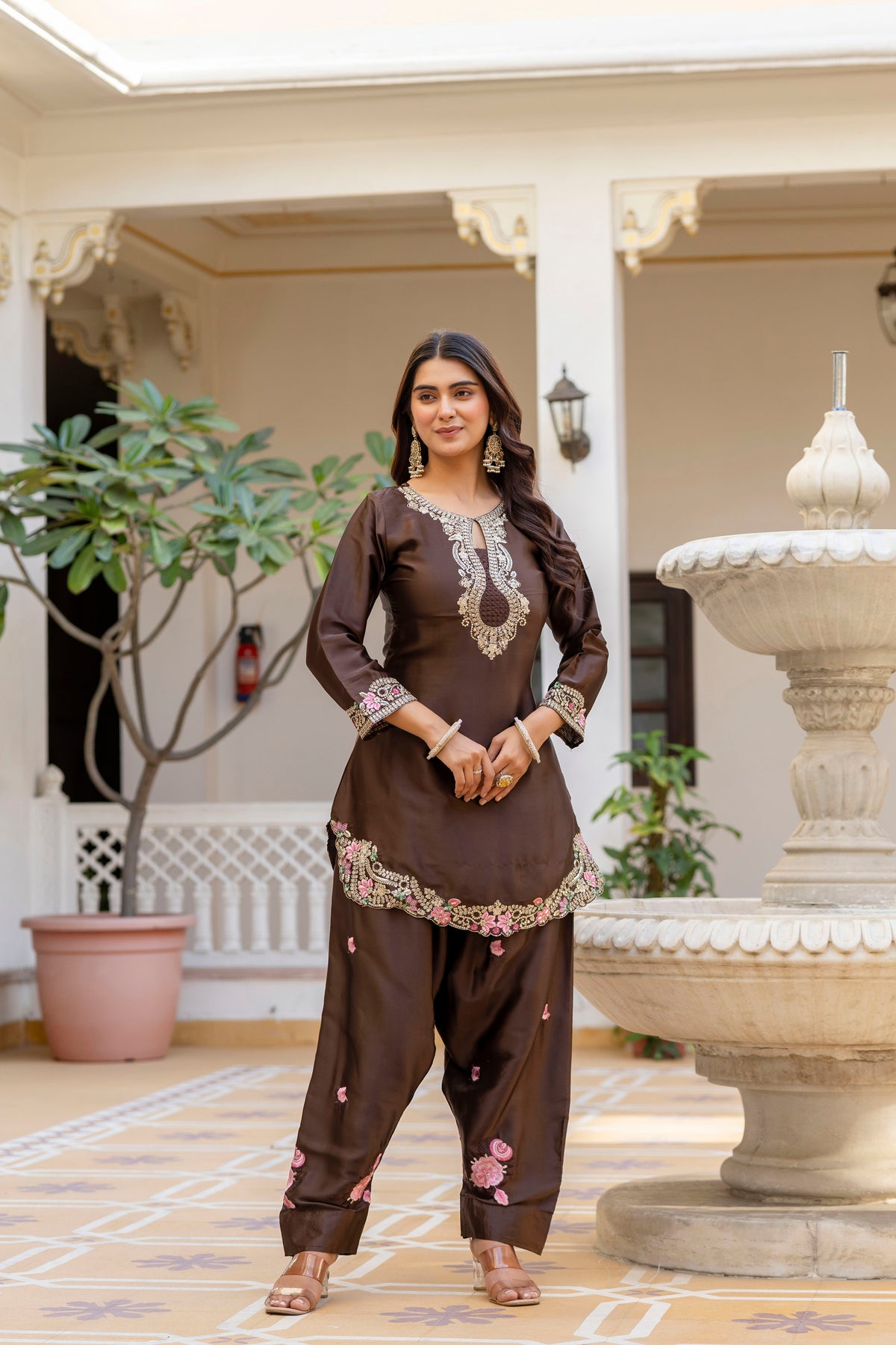 Coffee Embroidered Designer Suit Set