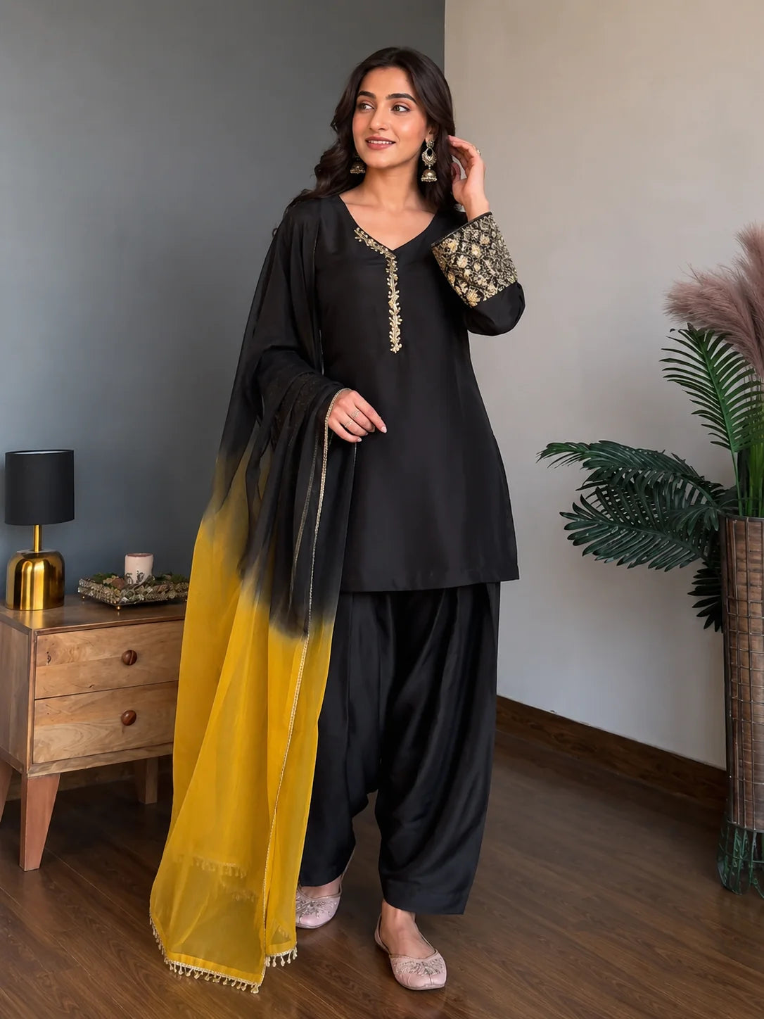 Elegant Black Embroidered Kurta Pant Set