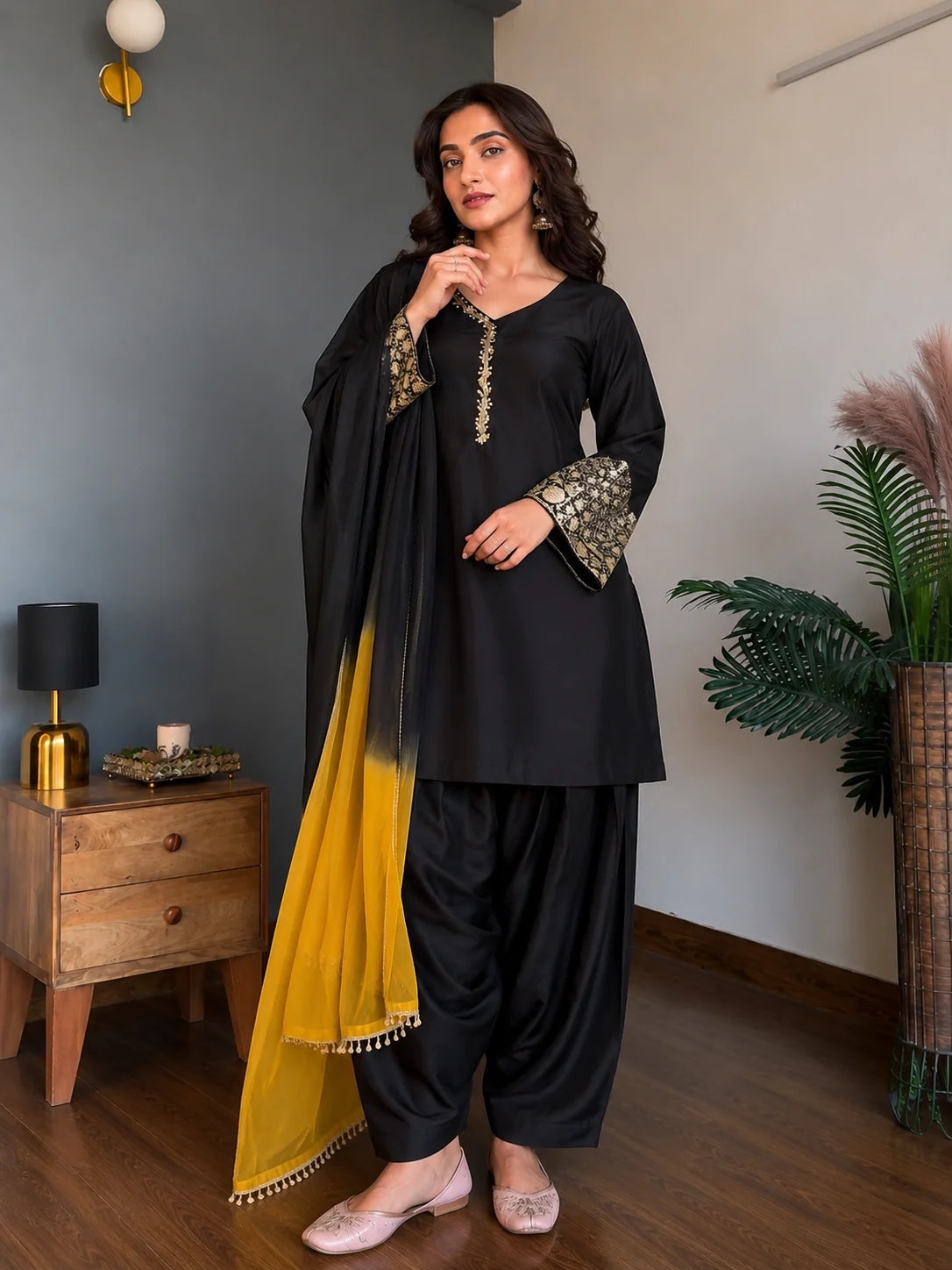 Elegant Black Embroidered Kurta Pant Set