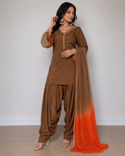 Mocha Brown Embroidered Kurta Pant Set