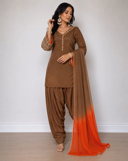 Mocha Brown Embroidered Kurta Pant Set