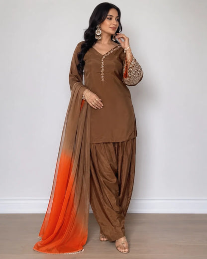 Mocha Brown Embroidered Kurta Pant Set