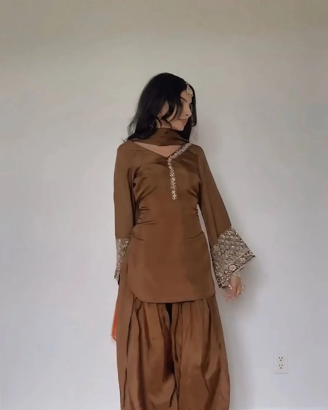 Mocha Brown Embroidered Kurta Pant Set