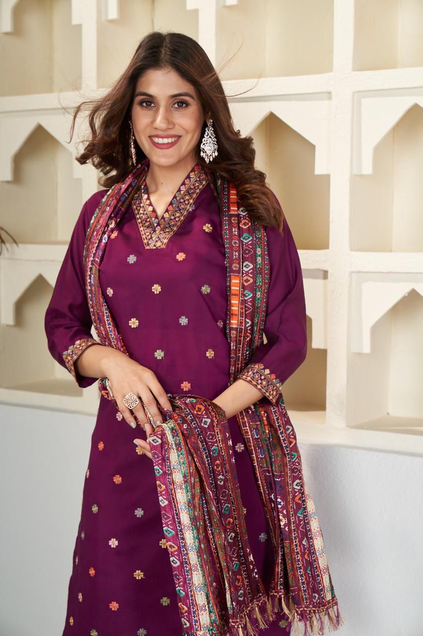 Purple Embroidered Viscose Chanderi Suit Set