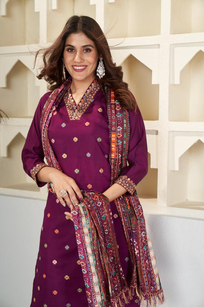 Purple Embroidered Viscose Chanderi Suit Set