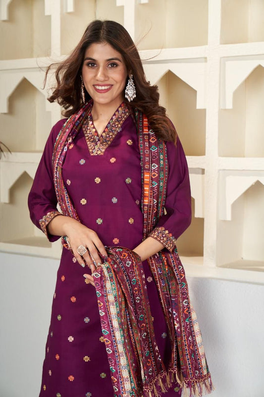Purple Embroidered Viscose Chanderi Suit Set