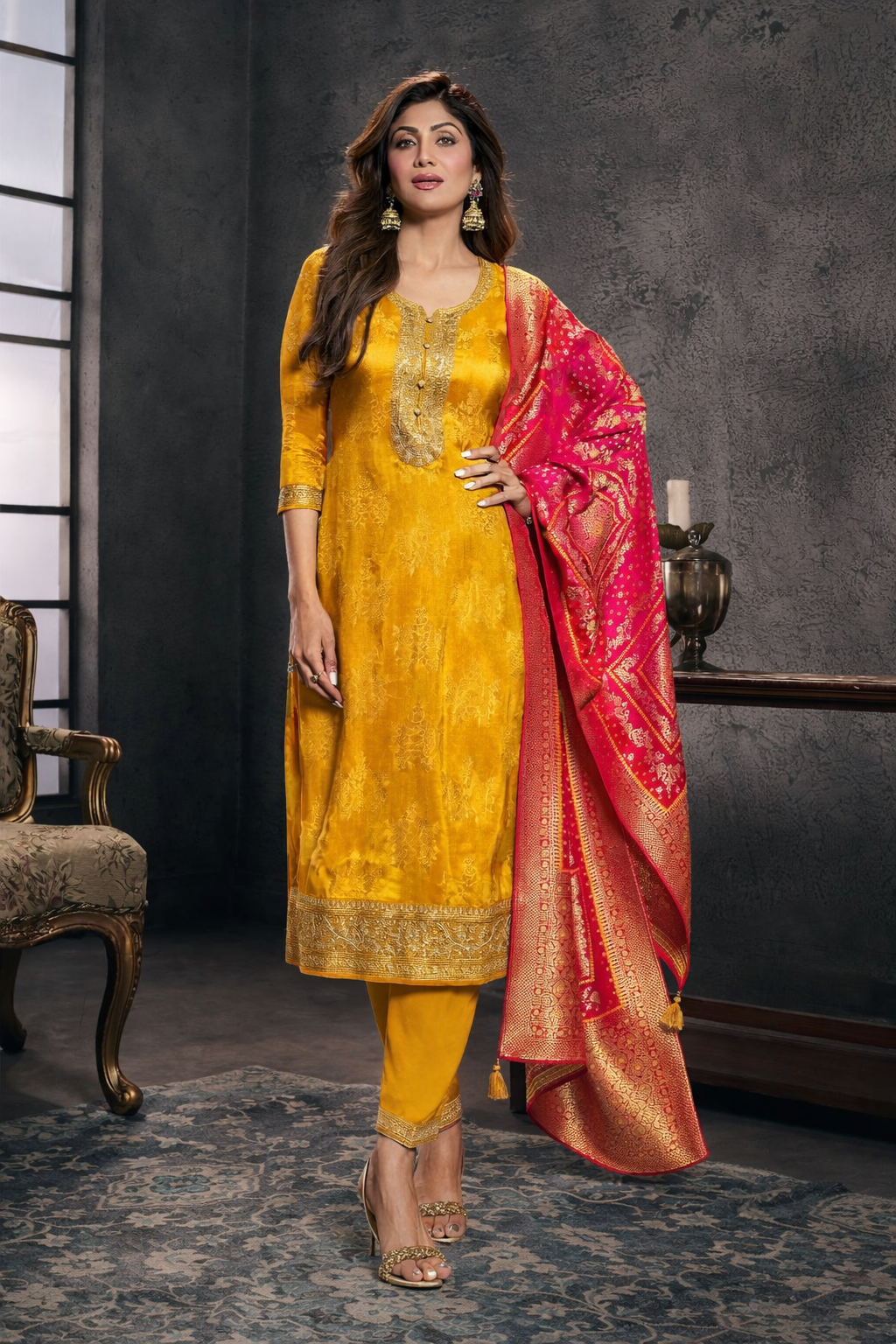 Haldi Designer Pure Banarasi Jacquard Weaving Suit Set