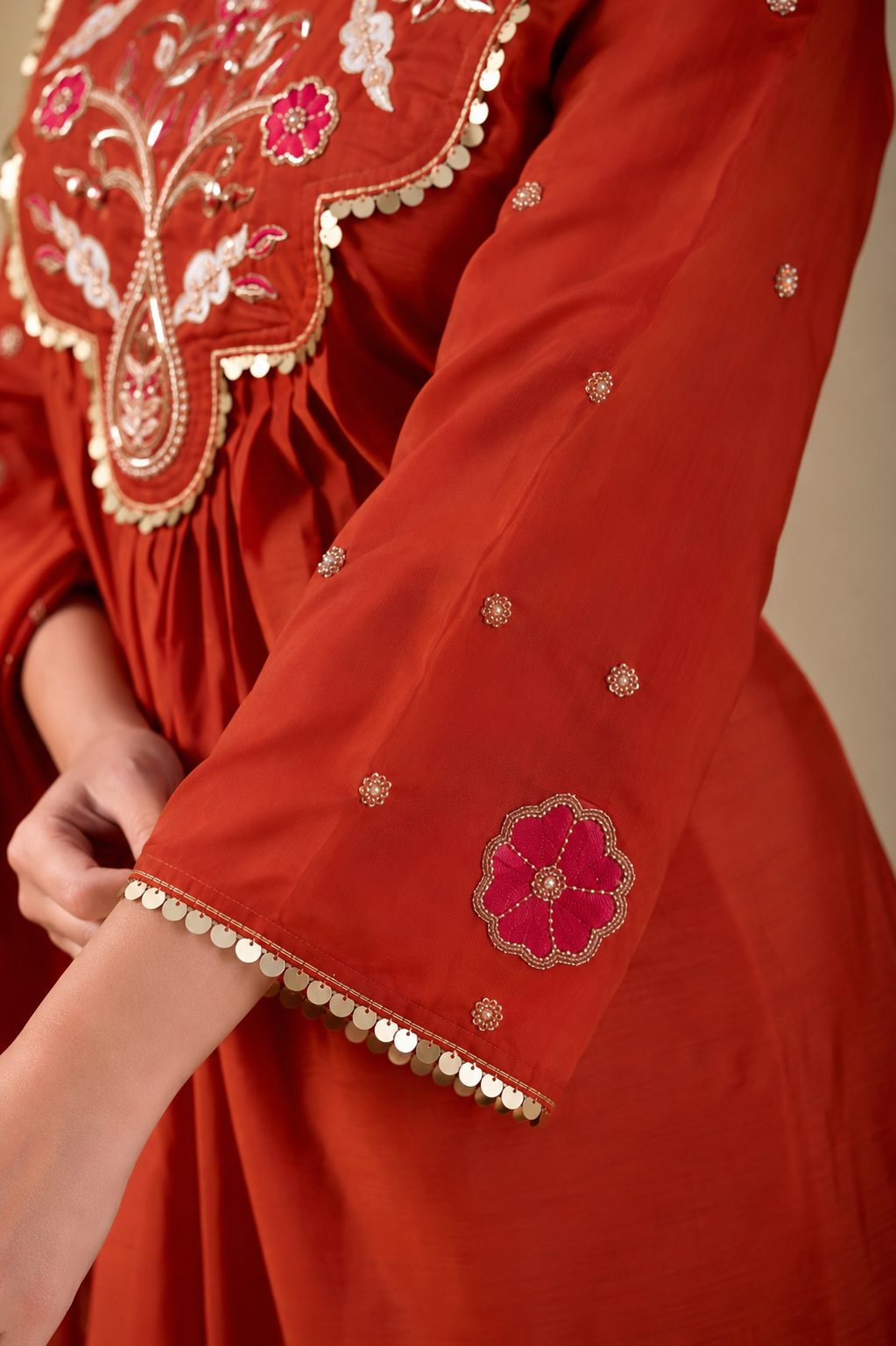Rust Orange Chanderi Embroidered Kurti Set