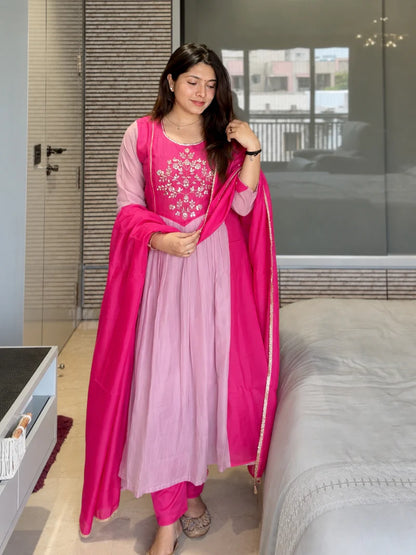 Pink Embroidered Mul Chanderi Suit Set