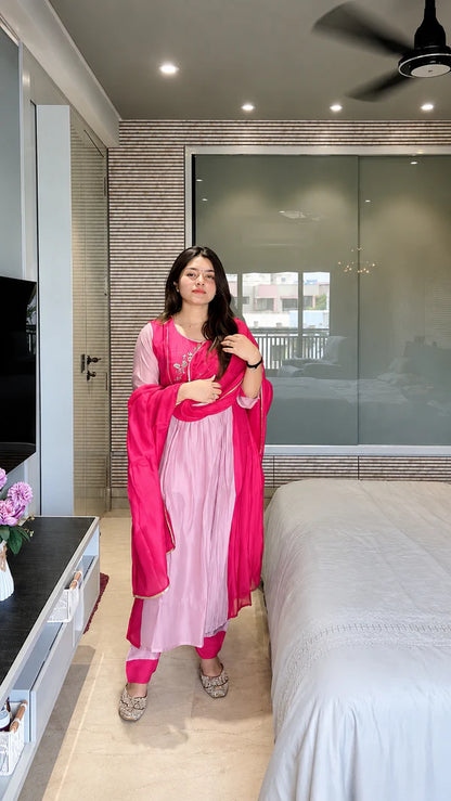 Pink Embroidered Mul Chanderi Suit Set