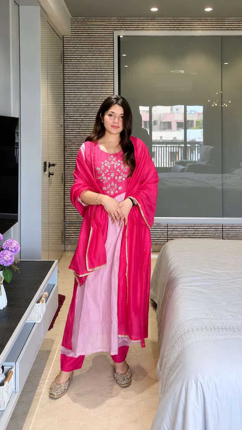 Pink Embroidered Mul Chanderi Suit Set