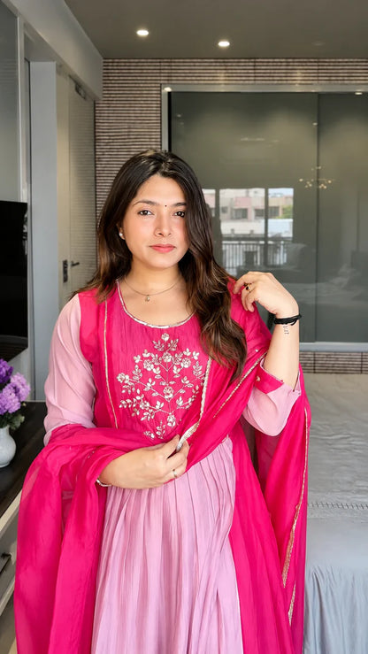 Pink Embroidered Mul Chanderi Suit Set