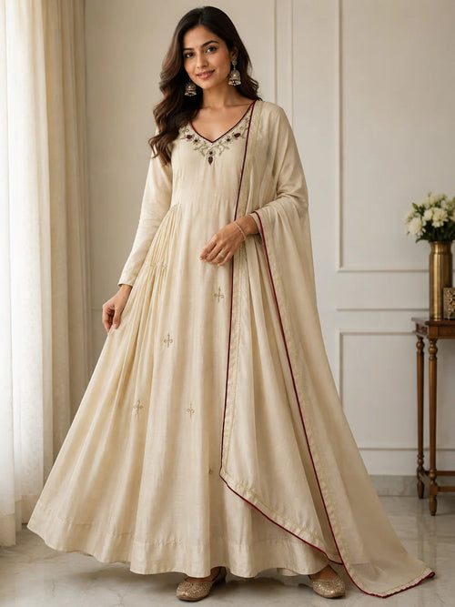 Elegant Ivory Embroidered Anarkali Suit Set