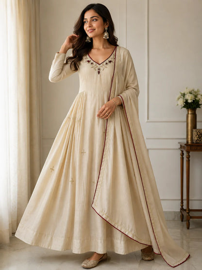 Elegant Ivory Embroidered Anarkali Suit Set