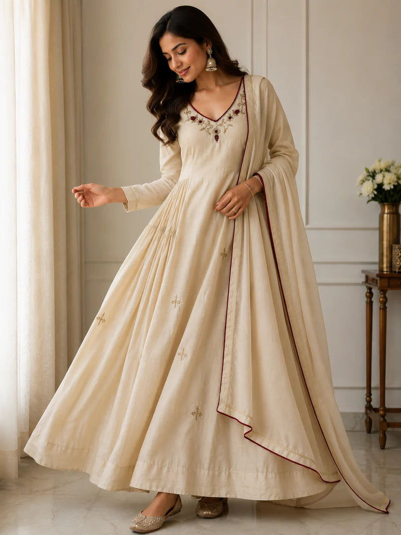 Elegant Ivory Embroidered Anarkali Suit Set