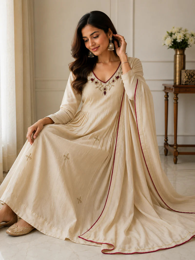 Elegant Ivory Embroidered Anarkali Suit Set