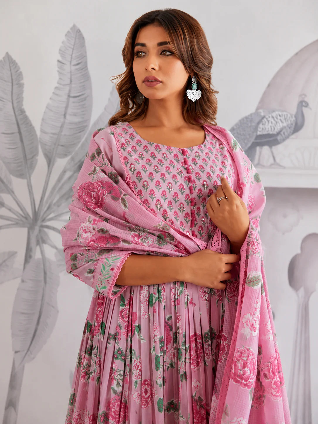 Pink Floral Jaipuri Cotton Flared Anarkali Suit Set