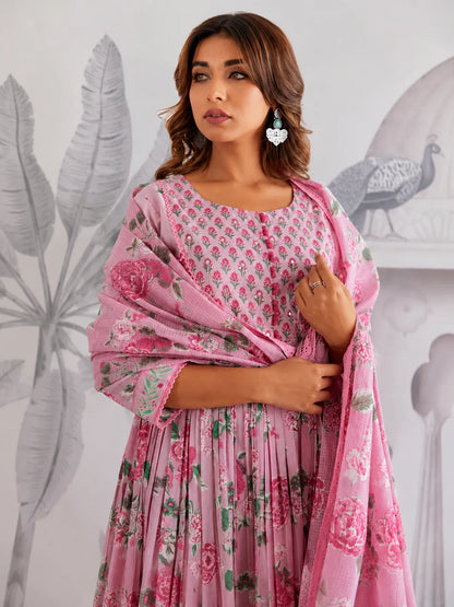 Pink Floral Jaipuri Cotton Flared Anarkali Suit Set
